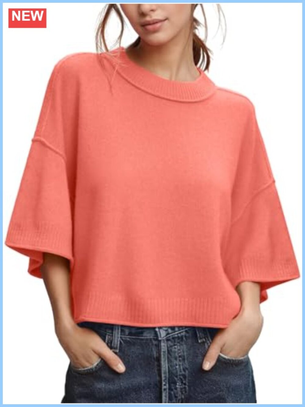 Womens Oversized Cropped Knit Sweater 3/4 Sleeve Crew Neck Pullover Top
